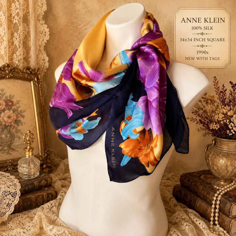 Vintage Anne Klein Silk Floral Scarf NWT 1990s Purple Gold Navy Square 34x34